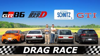 Toe Foo and Schnitz vs NEW Golf GTI and Toyota GR86  DRAG amp ROLL RACE [upl. by Karoly34]