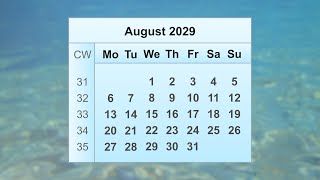 August 2029 Calendar [upl. by Gaylor66]