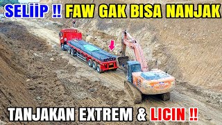 Tanjakan EXTREM  3Truk FAW JH6 di Buat tak beradaya Nanjak di Dorong EXCAVATOR Muatan Besi [upl. by Gemina720]