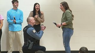 Chesterfield officer proposes to teacher at school assembly [upl. by Solegnave80]