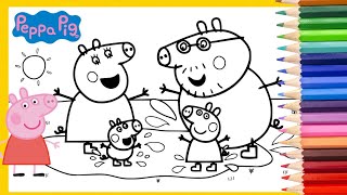 Coloring Peppa Pig and her Family Jumping in Muddy Puddles [upl. by Quirk]