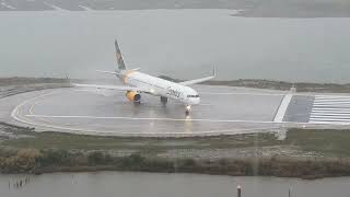 Condor powerful take off at Corfu during a rainy morning filmed from a hotel balcony [upl. by Aay]