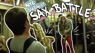 SAX BATTLE IN NYC SUBWAY Spontaneous Dueling Saxophones [upl. by Ranson725]