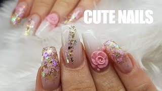 ACRYLIC REDESIGN  BABY BOOMER  GLITTER FADES  3D FLOWERS  CUTE NAILS [upl. by Akemhs]