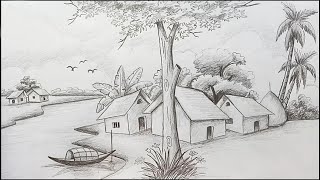 How to draw Scenery  Landscape by pencil sketch step by step [upl. by Anayi982]