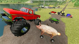 Stuntman Jumps Monster Truck Over Lake and Airplane  Farming Simulator 22 [upl. by Ajdan]