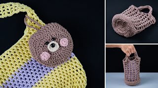 Crochet cute Bear pouch that turns into net bag Miarti🧶 [upl. by Merta]