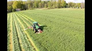 john deere 7310R mowing triticale with pottinger triple mower [upl. by Aimo]