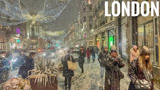 London SNOW Walk ⛄ Snowing Central London 2022  London Best Christmas Lights tour in Snow [upl. by Christoforo]