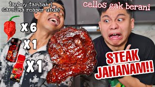 STEAK PAKE 6 CAROLINA REAPER  1 BOTOL BONCABE LV 50  1 BOTOL SAMYANG NUCLEUR CELLOS TAKUT [upl. by Eicnan697]