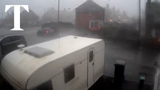 Moment tornado flips over caravan in Staffordshire [upl. by Nashbar814]