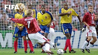 David Beckhams FreeKick Goal v Colombia  1998 FIFA World Cup [upl. by Nwahsuq]