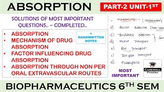 Absorption complete  Solution Part 2 Unit 1  Biopharmaceutics 6th Sem [upl. by Namilus199]