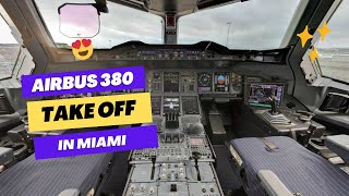 Unbelievable A380 Cockpit View Spectacular Miami florida Takeoff [upl. by Ayeka]