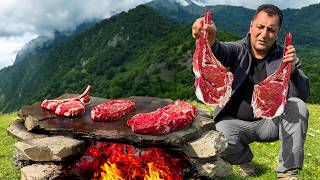 Roasting Juicy Beef Steaks on Hot Stones Outdoors Cooking Alone in the Mountains [upl. by De]