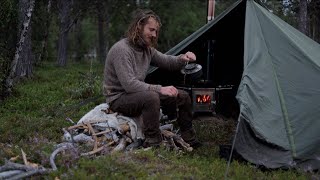 3 days solo bushcraft camping trip  northern wilderness fishing canoeing Lavvu wood stove etc [upl. by Annayi918]