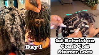 First Retwist on Comb Coil Starter Locs  1 Month Old Starter Locs [upl. by Athey600]