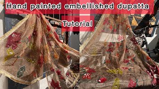 Diy Fabric paint with embellishments dupatta diy handpainted handpaintedfabric [upl. by Acnaiv510]