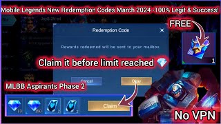 NO LIMIT MOBILE LEGENDS REDEEM CODE MARCH 23 2024  MLBB DIAMOND REDEEM CODES  NO VPN [upl. by Ahseinaj]