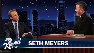 Seth Meyers on Trump’s Trial Strike Force Five Podcast amp Andy Samberg Crashes His Interview [upl. by Ronal]