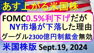 米国株の株式投資。FOMC05利下げでアメリカ市場が下落した原因と理由。グーグルの制裁金～あす上がる株米国版。Sept 19 2024。最新のアメリカ株価と株式投資。高配当株やデイトレ情報も [upl. by Durward801]