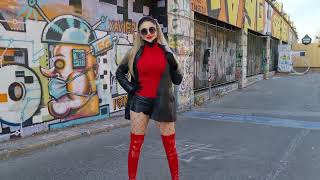 Granate Styling walking in public Vienna Danube channel graffiti thigh high boots [upl. by Covell224]