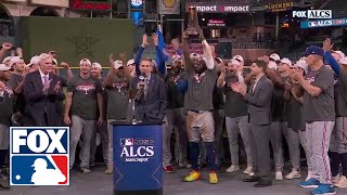 Texas Rangers hoist the trophy after winning the ALCS Adolis Garcia wins MVP [upl. by Ynnig300]