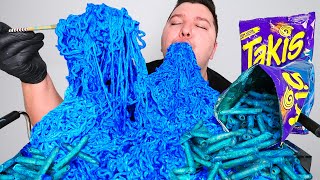 EATING THE WORLDS SPICIEST BLUE HEAT TAKIS FIRE NOODLES • Mukbang amp Recipe [upl. by Enoyrt457]