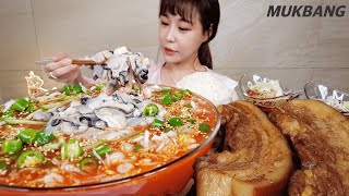 SUB 통수육 2kg 오동통 제철 굴 1kg 넣고 만든 굴물회 먹방 Cold Oyster Soup Steamed pork Noodles REAL SOUND ASMR MUKBANG [upl. by Ynaiffit187]