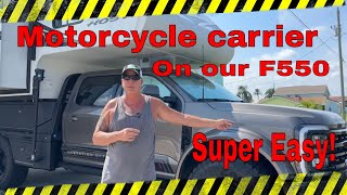 Motorcycle carrier on Elevation Off Grid EOG Liquid Springs Ford F550 with Host Yukon truck camper [upl. by Ailyt]