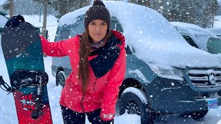 Snow Storm Camping in a Mercedes Sprinter Van at a Ski Resort  Snowboarding Deep Powder [upl. by Craddock43]