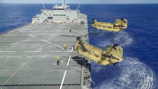 US Pilot Landing Powerful CH47 on Massive Sea Base in Middle of the Ocean [upl. by Lienet]