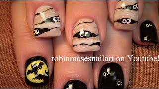 Mummy Halloween Nail Art  Easy Bat Nails Design Tutorial [upl. by Renell715]