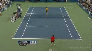 US Open 2009 Roger Federers Incredible Between the Legs Shot against Novak Djokovic HD [upl. by Nylorahs]