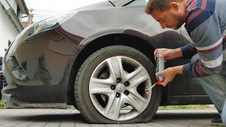 Reifenpanne ohne Radwechsel nach Messerattacke beheben Test ReifendichtmittelReifenspray [upl. by Anec]