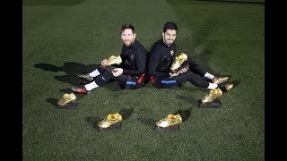 Messi amp Suárez pose with their Golden Shoe trophies [upl. by Orvas]