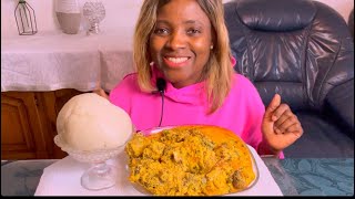 African Food mukbang cow skin  smoked chicken mackerel fish  egusi soup with yam Fufumukbang [upl. by Eruot890]