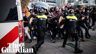 Antilockdown rioters clash with Dutch police in two cities in the Netherlands [upl. by Otsirave62]