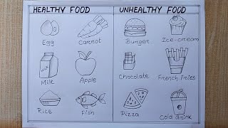 Healthy food and Unhealthy food drawing Healthy and Unhealthy Food chart drawing Pencil drawing [upl. by O'Neil]