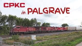 You can still smell the fresh paint on this SD402 as CPKC 421 passes thru Palgrave Sept 12 2023 [upl. by Ellerol]