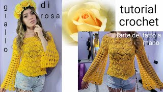 MAGLIA G I A L L O D I R O S A TUTORIAL UNCINETTO EMBOSSED CROCHET topdownuncinetto [upl. by Annuaerb]