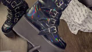 MustHave Goth Boots Demonia DAMNED318 Black Oil Slick Holographic Platform Buckle Boots Unboxed [upl. by Adyht]