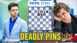 Deadly Pins  Anish Giri vs Magnus Carlsen  Tata Steel Masters 2023 [upl. by Ereveneug781]