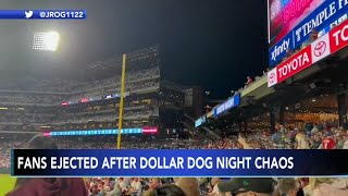 Phillies Dollar Dog Night turns into food fight some fans ejected [upl. by Nomrej]