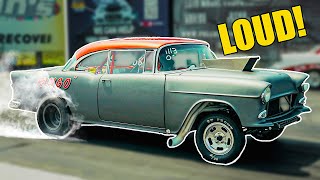 Insanely Loud 1955 Chevy Gasser  Drag Strip Madness  Antique Nationals [upl. by Ilanos]