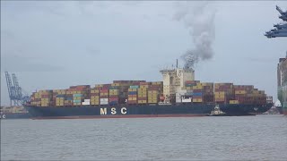 MSC Ellen smokes out the Port of Felixstowe as she swings with 3 tugs to depart 8th April 2024 [upl. by Douglass]