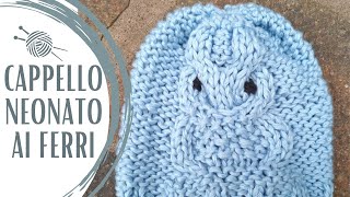 Come fare questo cappellino neonato ai ferri con il gufo  Punto treccia ai ferri [upl. by Anelaf]