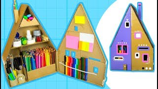 DIY Desk Organizer  Make a Pencil House from Cardboard Box  Craft Ideas on Box Yourself [upl. by Rebmyt315]