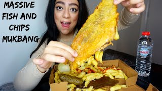 MASSIVE FISH AND CHIPS MUKBANG  PICKLED GURKINS AND ONION [upl. by Yoho]