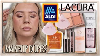 TESTING NEW ALDI LACURA MAKEUP DUPES JULY 2024  Clare Walch [upl. by Enar]